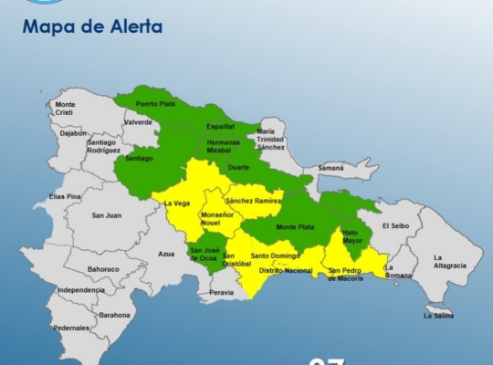 COE aumenta 06 provincias en alerta amarilla y el DN y mantiene 8 en alerta verde, debido a
